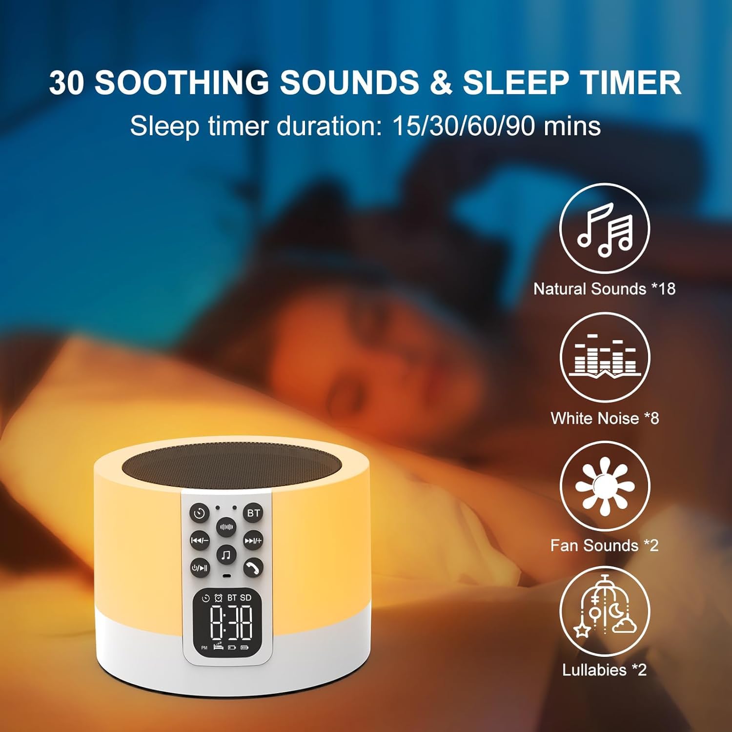 AFEXOA Night Light Bluetooth Speaker, White Noise Machine for Baby Adults Kids, Touch Bedside Lamp Alarm Clock, Sleep Aid Sound Machine with 30 Soothing Sounds & Volumes, Gifts for Teenage Girls Boys