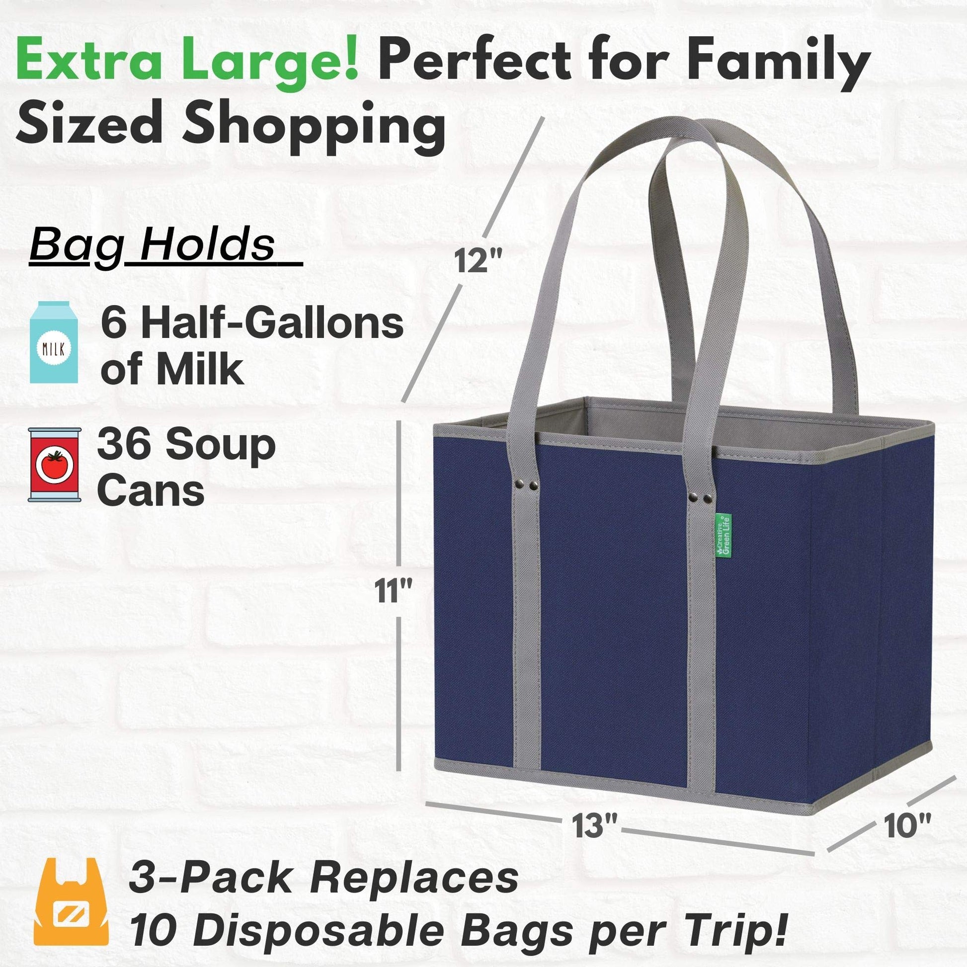 Creative Green Life Reusable Grocery Bags (3 Pack) – Heavy Duty Reusable Shopping Bags with Box Shape to Stand Up, Stay Open, Fold Flat – Large Tote Bags are Foldable with Long Handles & Hard Bottom (Navy Blue)