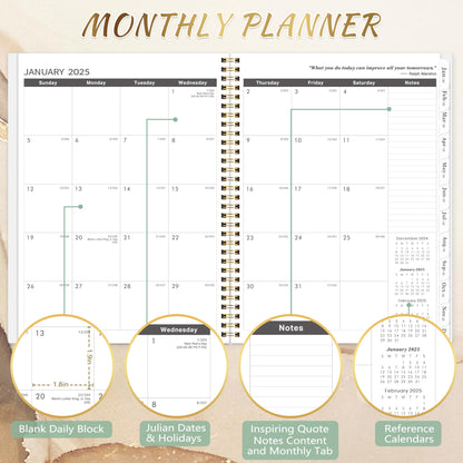 Feteulo Monthly Planner 2025-2026 - 2 Year Monthly Calendar/Planner 2025-2026, Jan 2025 - Dec 2026, 9" x 11", 24 Monthly Tabs, Two-Side Pocket, Twin-Wire Binding, Note Pages, Holidays & Julian Dates