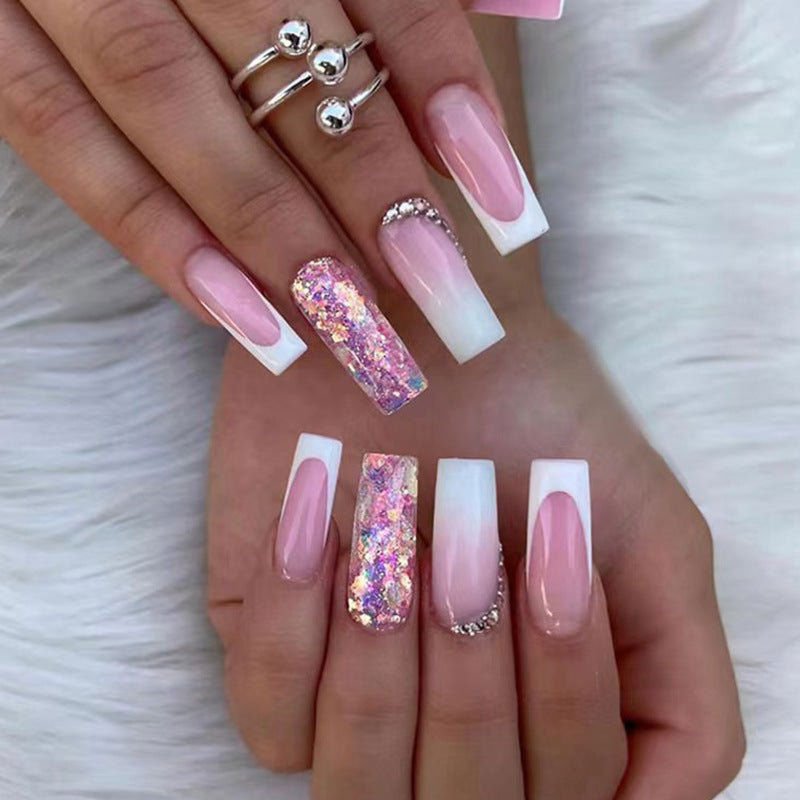 LovelyRLovely 0 Z524 Flash Ballet LovelyRLovely Women's French Gradient Length Pile Rhinestone Fake Nails