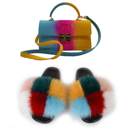 LovelyRLovely bag & shoes set as pic / 6 LovelyRLovely Women Casual Plush Fur Slippers With Handbag