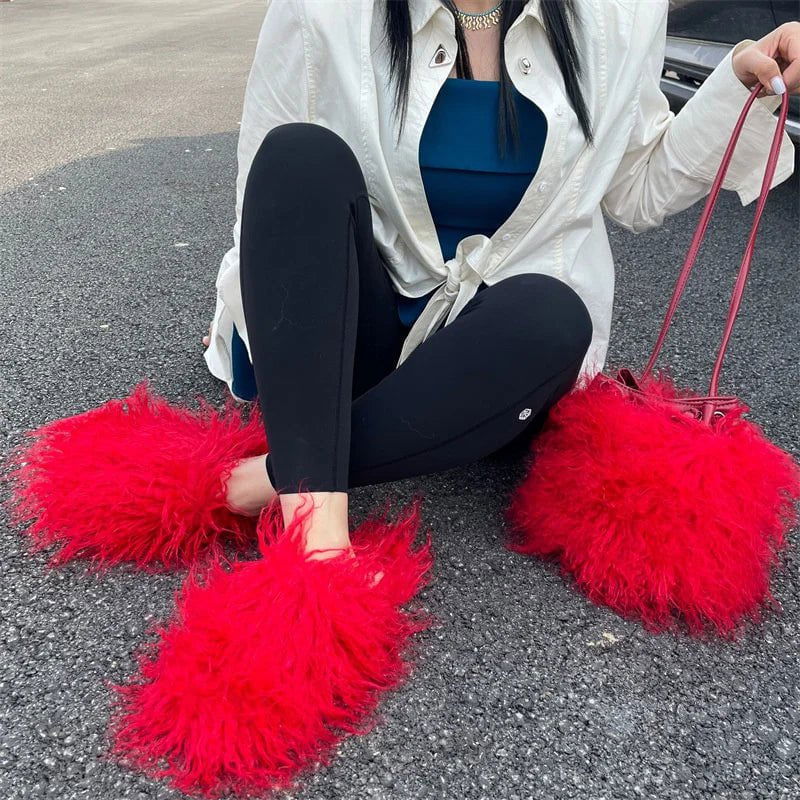 LovelyRLovely bag & shoes set Bright Red Suit / 5 LovelyRLovely Fluffy Faux Fur Slippers And Handbags Set