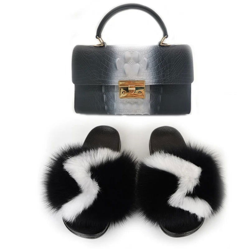 LovelyRLovely bag & shoes set LovelyRLovely Women Casual Plush Fur Slippers With Handbag