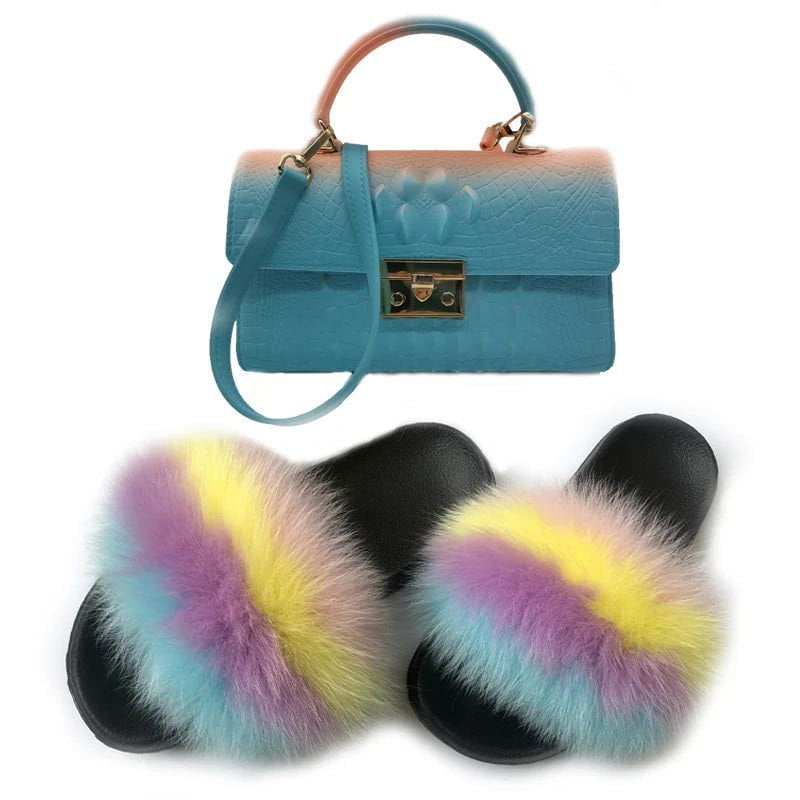 LovelyRLovely bag & shoes set LovelyRLovely Women Casual Plush Fur Slippers With Handbag