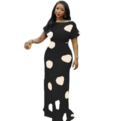 LovelyRLovely Black / 2XL LovelyRLovely Short-sleeved Polka-dot High-waisted Floor-length Skirt Set