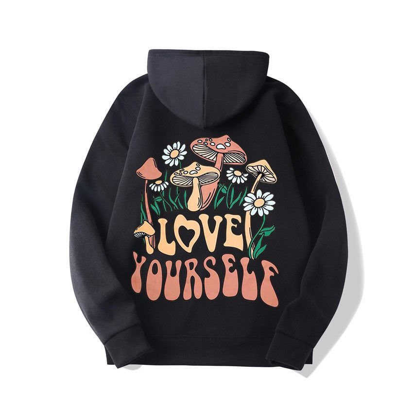 LovelyRLovely Black / L Plus Size Loose Mushroom Slogan Hoodie