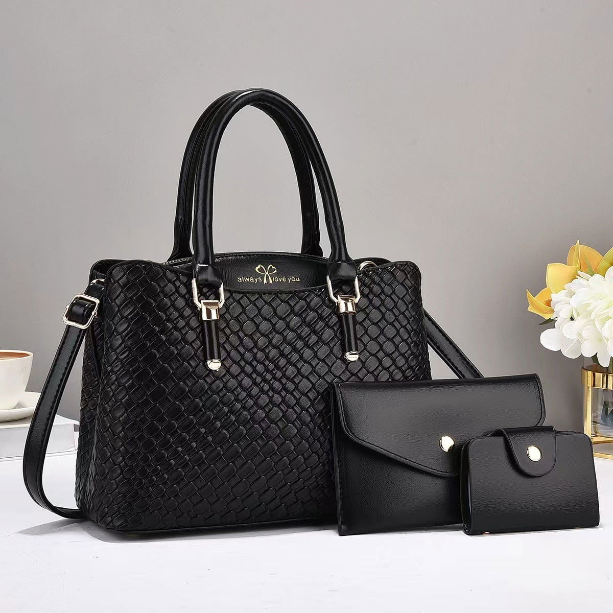 LovelyRLovely Black LovelyRLovely Woven Texture Three-piece Handbag Set