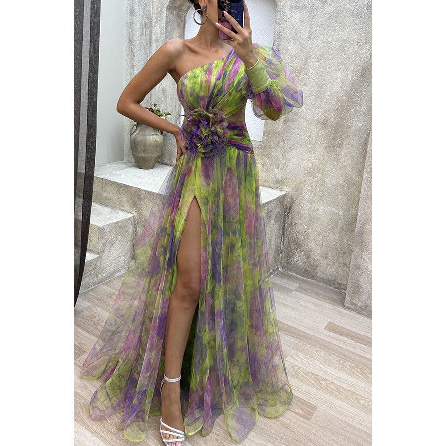 LovelyRLovely Green / L LovelyRLovely Mesh Tie-dye Printed Off-shoulder Slit Dress