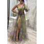 LovelyRLovely Green / L LovelyRLovely Mesh Tie-dye Printed Off-shoulder Slit Dress