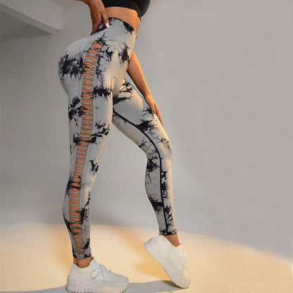 LovelyRLovely Hollow Tie Dye Printed Yoga Pants High W Light Grey / L LovelyRLovely Hollow High Waist Butt Lift Tie Dye Printed Yoga Pants