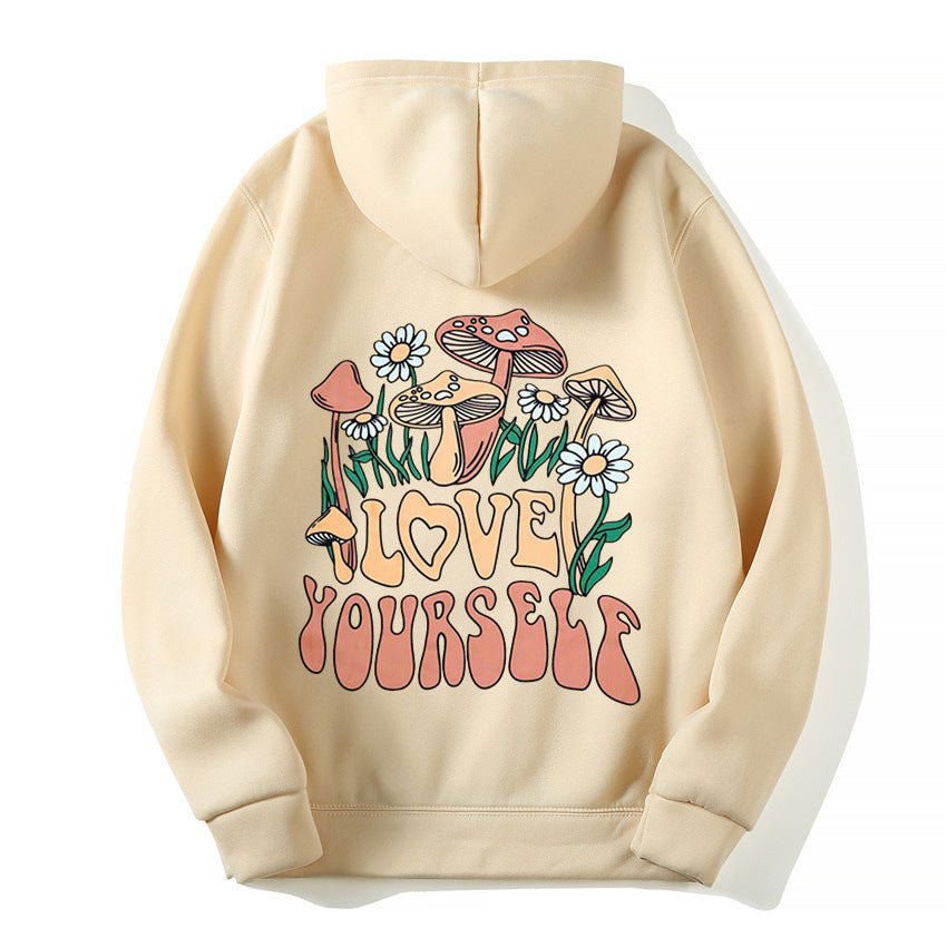 LovelyRLovely Khaki / L Plus Size Loose Mushroom Slogan Hoodie