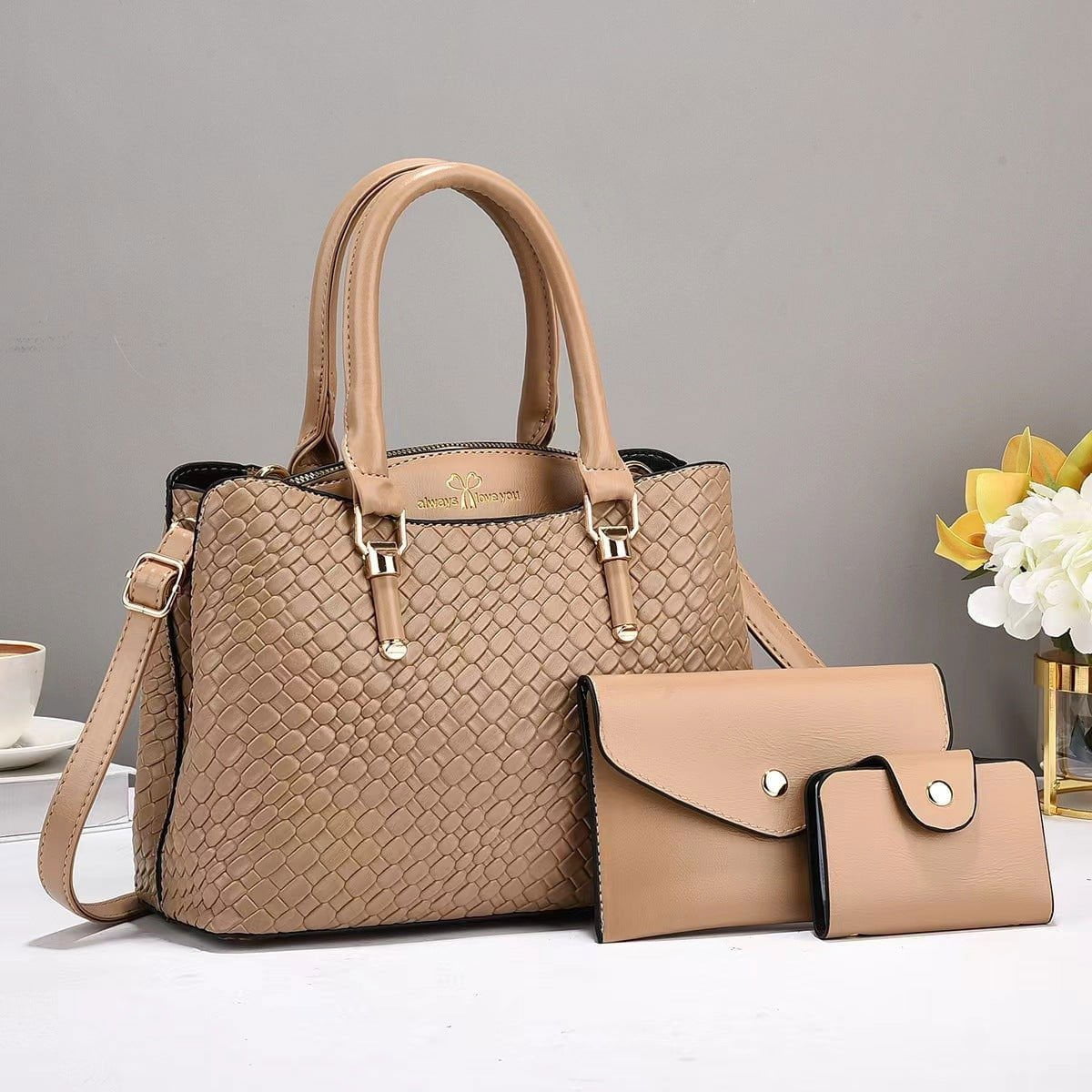 LovelyRLovely Khaki LovelyRLovely Woven Texture Three-piece Handbag Set