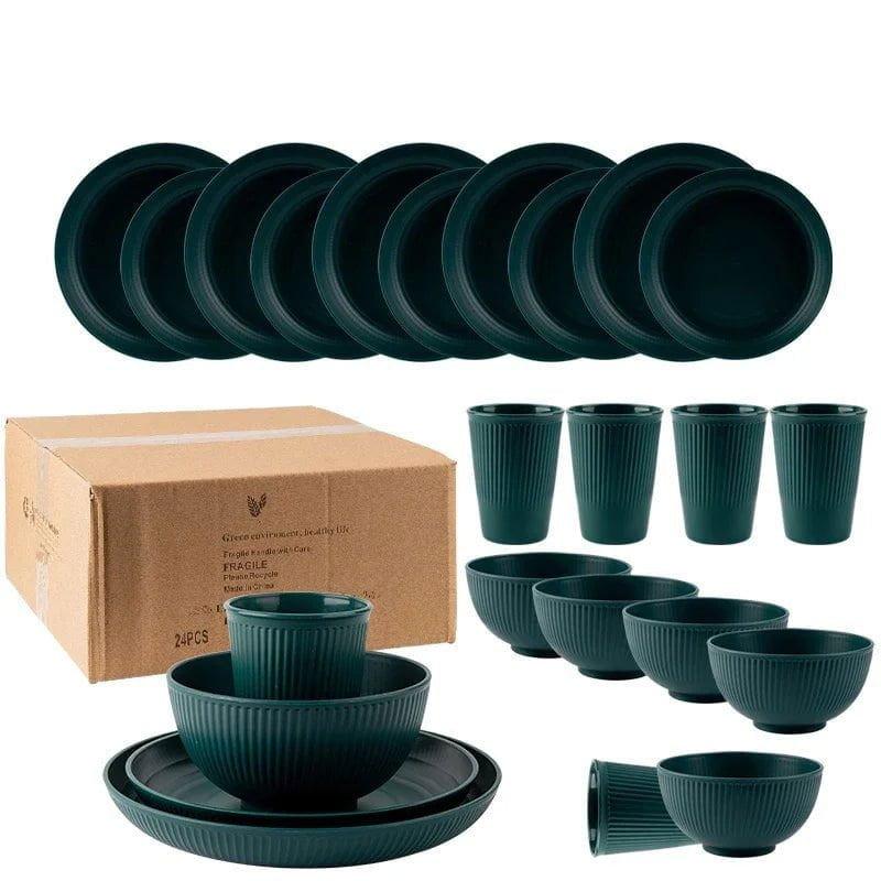 LovelyRLovely kitchen Dark Green LovelyRLovely 24Pcs Unbreakable Wheat Straw Dinnerware Set