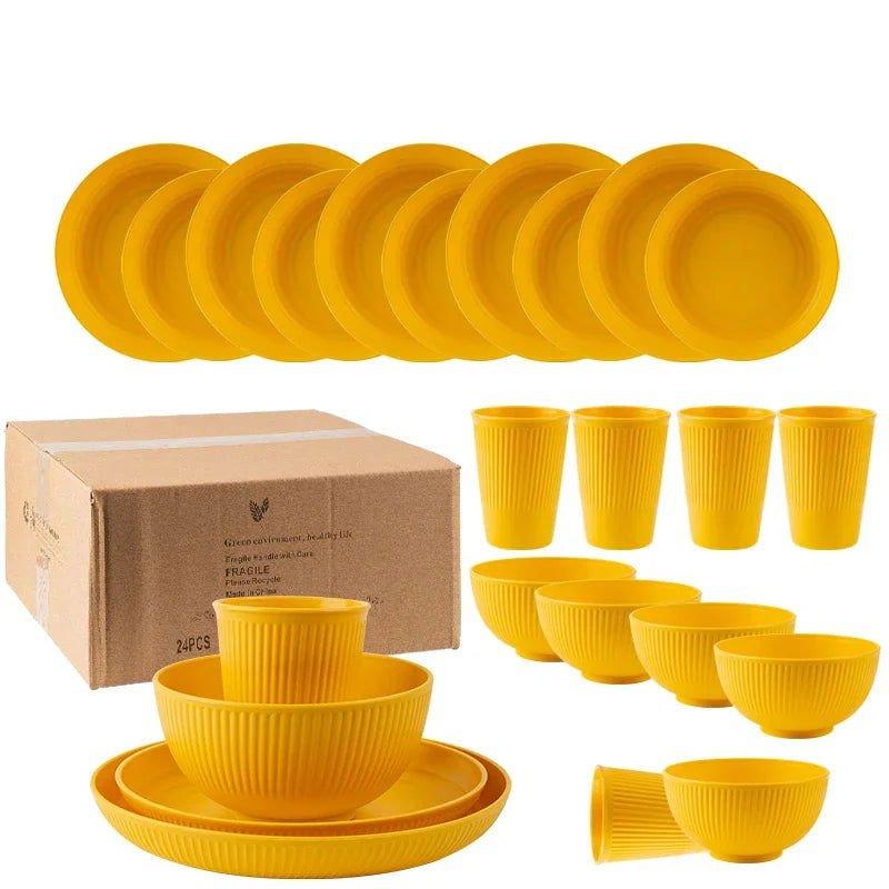 LovelyRLovely kitchen Yellow LovelyRLovely 24Pcs Unbreakable Wheat Straw Dinnerware Set