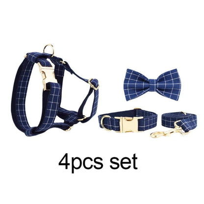 LovelyRLovely Leash 4pcs set / XL LovelyRLovely Dark Blue Check Dog Bow Collar Harness Set