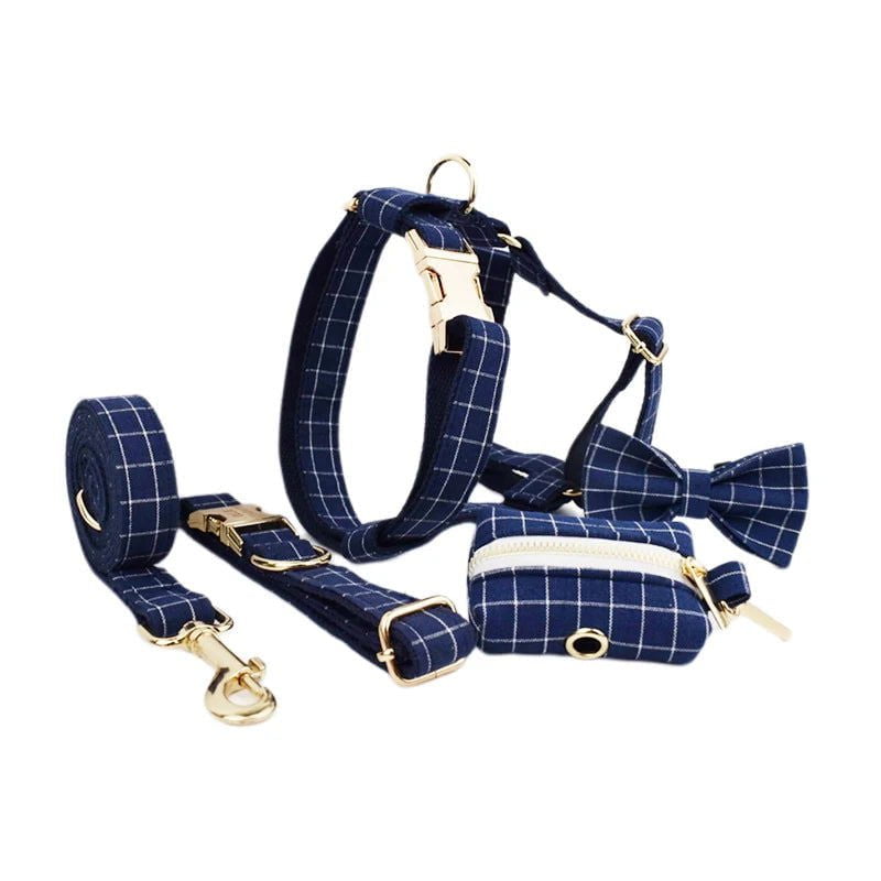 LovelyRLovely Leash 5pcs set / XL LovelyRLovely Dark Blue Check Dog Bow Collar Harness Set