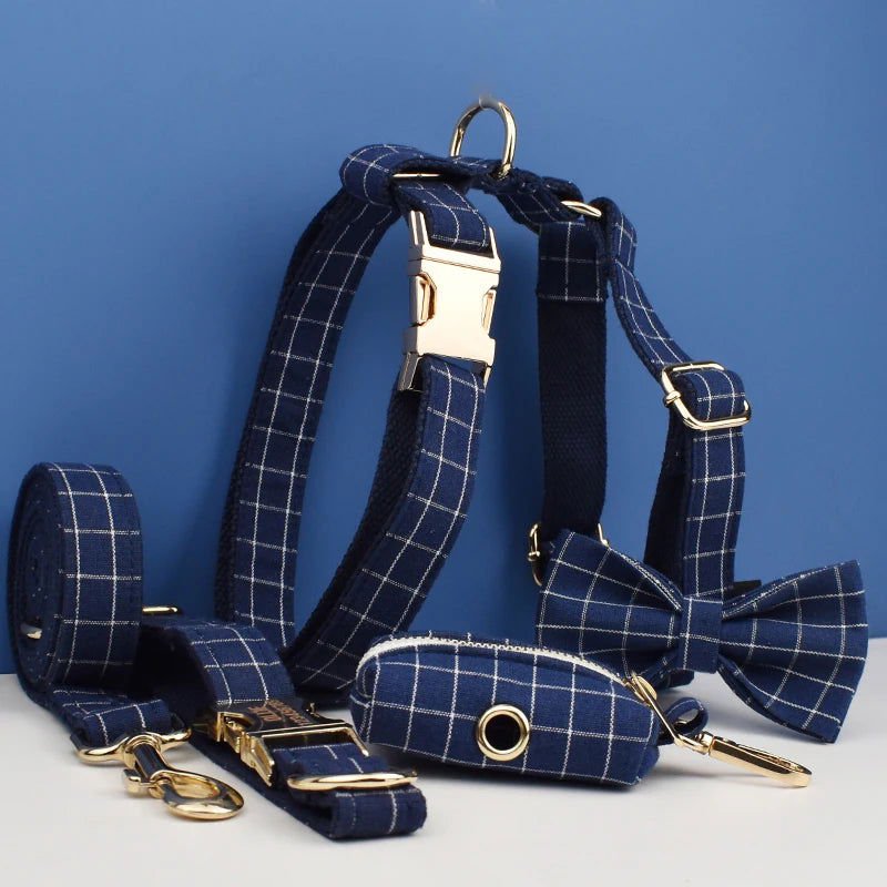 LovelyRLovely Leash LovelyRLovely Dark Blue Check Dog Bow Collar Harness Set