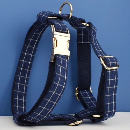 LovelyRLovely Leash LovelyRLovely Dark Blue Check Dog Bow Collar Harness Set