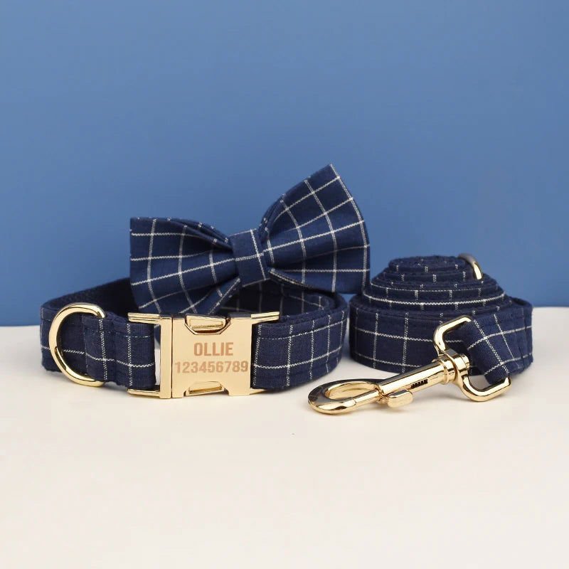 LovelyRLovely Leash LovelyRLovely Dark Blue Check Dog Bow Collar Harness Set