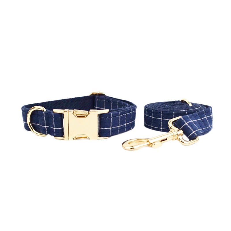 LovelyRLovely Leash LovelyRLovely Dark Blue Check Dog Bow Collar Harness Set