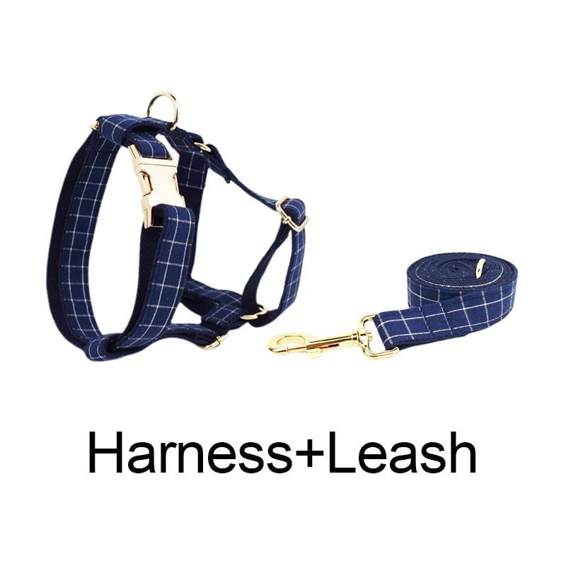 LovelyRLovely Leash LovelyRLovely Dark Blue Check Dog Bow Collar Harness Set