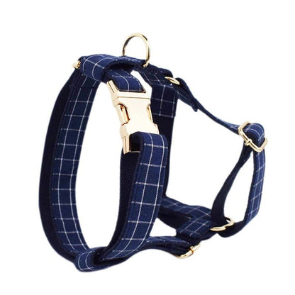 LovelyRLovely Leash LovelyRLovely Dark Blue Check Dog Bow Collar Harness Set