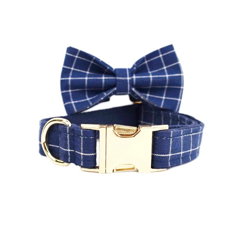 LovelyRLovely Leash LovelyRLovely Dark Blue Check Dog Bow Collar Harness Set