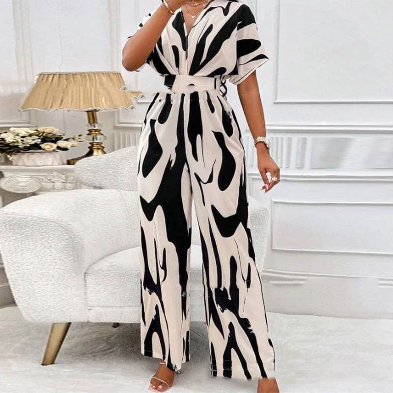 LovelyRLovely LovelRLovely V-neck Loose Printed Long J 2XL / Black And White LovelRLovely V-neck Loose Printed Long Jumpsuit