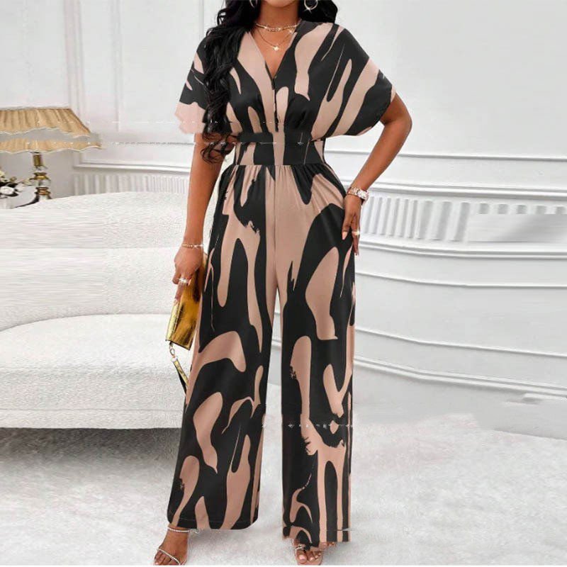 LovelyRLovely LovelRLovely V-neck Loose Printed Long J 2XL / Khaki LovelRLovely V-neck Loose Printed Long Jumpsuit