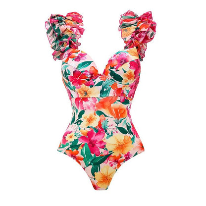 LovelyRLovely LoveluyRLovely Flounced Backless Floral Ruffled Swimsuit / L LoveluyRLovely Flounced Backless Floral Beach Swimsuit Suit