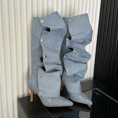 LovelyRLovely LovelyLovely Women's Denim Buckle Stitch Blue / 35 LovelyLovely Women's Denim Buckle Stitch Stiletto Boots