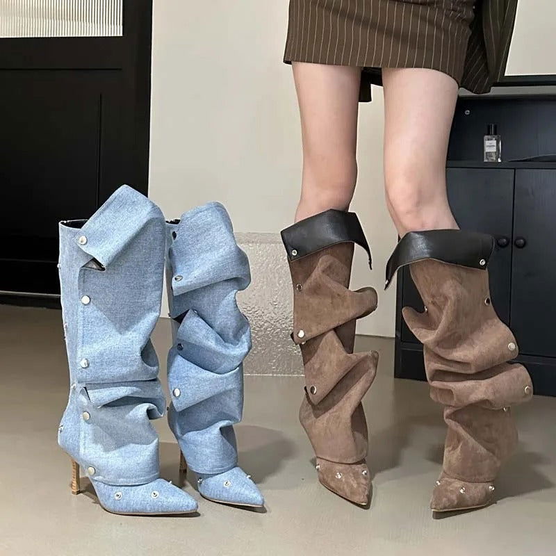 LovelyRLovely LovelyLovely Women's Denim Buckle Stitch LovelyLovely Women's Denim Buckle Stitch Stiletto Boots