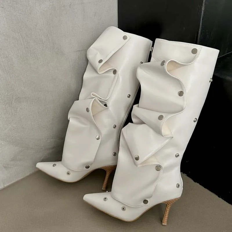 LovelyRLovely LovelyLovely Women's Denim Buckle Stitch White / 35 LovelyLovely Women's Denim Buckle Stitch Stiletto Boots