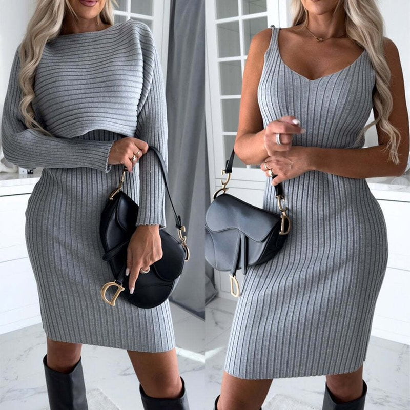 LovelyRLovely LovelyRLovely 2pcs Women's Stripe Long-s LovelyRLovely 2pcs Women's Stripe Long-sleeved Top And Dress Suit