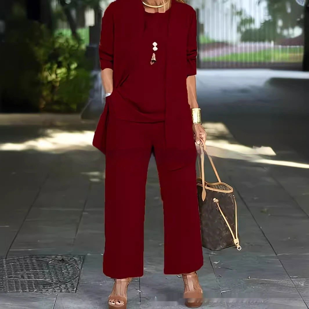 LovelyRLovely LovelyRLovely 3pcs Cardigan Jacket Wide Wine Red / L LovelyRLovely 3pcs Cardigan Jacket Wide Leg Pants Suit