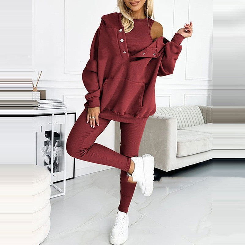 LovelyRLovely LovelyRLovely 3pcs Women's Loose Sweat s Wine Red / 2XL LovelyRLovely 3pcs Women's Loose Sweat suit And Vest