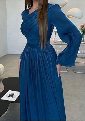 LovelyRLovely LovelyRLovely Bell Sleeve Asymmetric V-n Blue / L LovelyRLovely Bell Sleeve Asymmetric V-neck Pleated Glimmer Maxi Dress