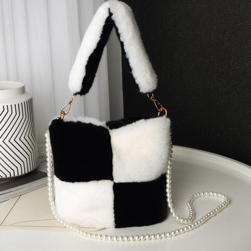 LovelyRLovely LovelyRLovely Checkerboard Plush Bucket Black White LovelyRLovely Checkerboard Plush Bucket Bag With Pearl Chain