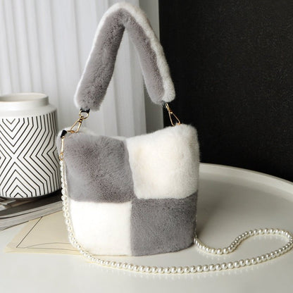 LovelyRLovely LovelyRLovely Checkerboard Plush Bucket Grey Color Match LovelyRLovely Checkerboard Plush Bucket Bag With Pearl Chain