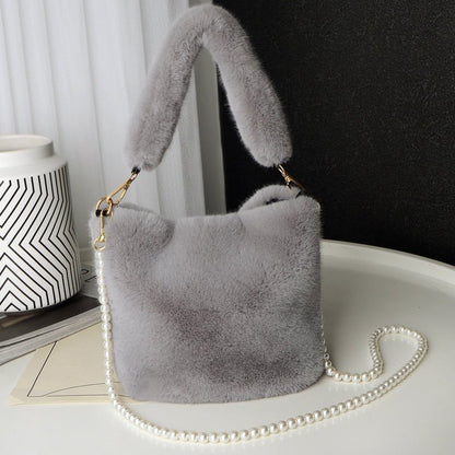 LovelyRLovely LovelyRLovely Checkerboard Plush Bucket Grey LovelyRLovely Checkerboard Plush Bucket Bag With Pearl Chain