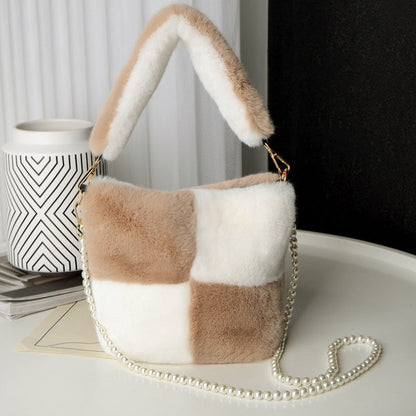 LovelyRLovely LovelyRLovely Checkerboard Plush Bucket Khaki Color Match LovelyRLovely Checkerboard Plush Bucket Bag With Pearl Chain