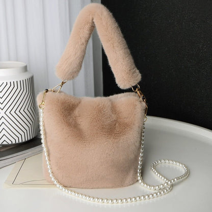 LovelyRLovely LovelyRLovely Checkerboard Plush Bucket Khaki LovelyRLovely Checkerboard Plush Bucket Bag With Pearl Chain