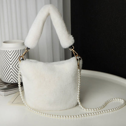 LovelyRLovely LovelyRLovely Checkerboard Plush Bucket White LovelyRLovely Checkerboard Plush Bucket Bag With Pearl Chain