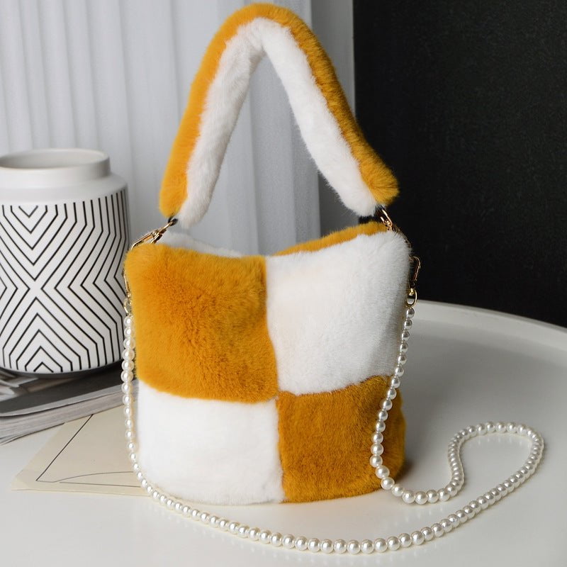 LovelyRLovely LovelyRLovely Checkerboard Plush Bucket Yellow Color Match LovelyRLovely Checkerboard Plush Bucket Bag With Pearl Chain