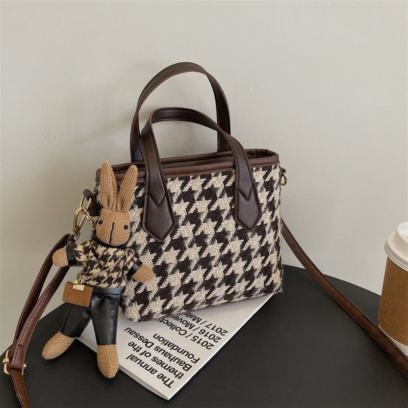 LovelyRLovely LovelyRLovely Checkerboard Shoulder Bag Brown Houndstooth With Pendant LovelyRLovely Checkerboard Shoulder Bag