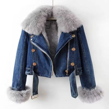 LovelyRLovely LovelyRLovely Detachable Fur Liner Denim Dark Blue / 3XL LovelyRLovely Detachable Fur Liner Denim Coat