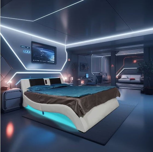 LovelyRLovely LovelyRLovely Faux Leather LED Platform White LovelyRLovely Faux Leather LED Platform Smart Bed Frame