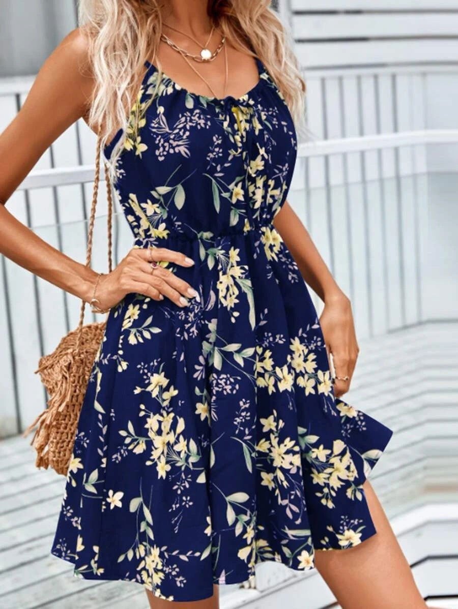 LovelyRLovely LovelyRLovely Floral Print Suspender Dre Navy Blue / L LovelyRLovely Floral Print Suspender Dress With Elastic Waist