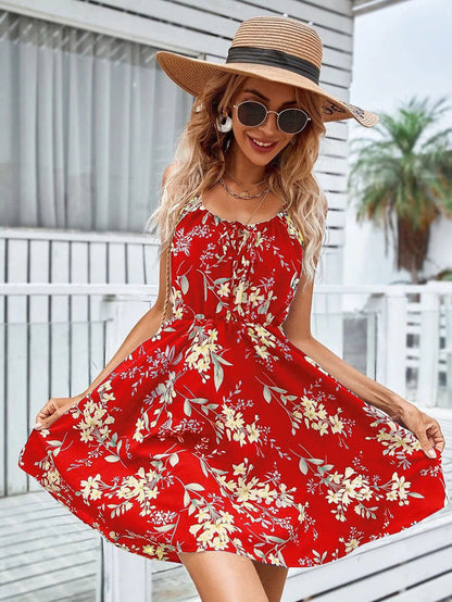 LovelyRLovely LovelyRLovely Floral Print Suspender Dre Red / L LovelyRLovely Floral Print Suspender Dress With Elastic Waist