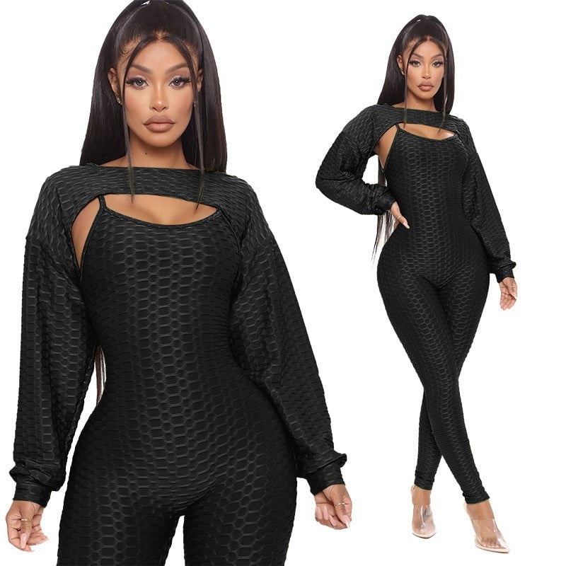 LovelyRLovely LovelyRLovely Jacquard Lantern Long Slee Black / 2XL LovelyRLovely Jacquard Lantern Long Sleeve Top And Jumpsuit Suit